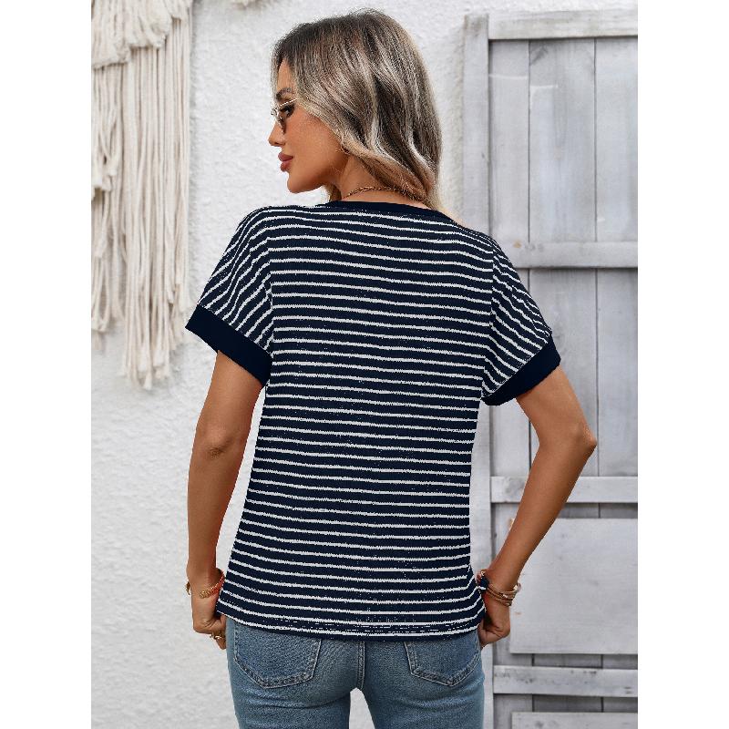 2026 Summer New Women's Casual Round Neck Patchwork Short Sleeve Striped T-Shirt