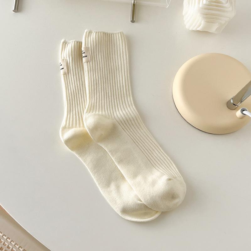 Japanese-Style Cotton Mid-Calf Socks with Waffle Texture and Macaron Fabric Label
