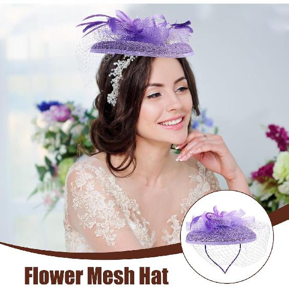 FRCOLOR Purple Mesh Decorative Hat with Floral Accent, Bridal Hair Accessory, Wedding Headpiece for Women, Special Occasion Headdress for Tea Parties