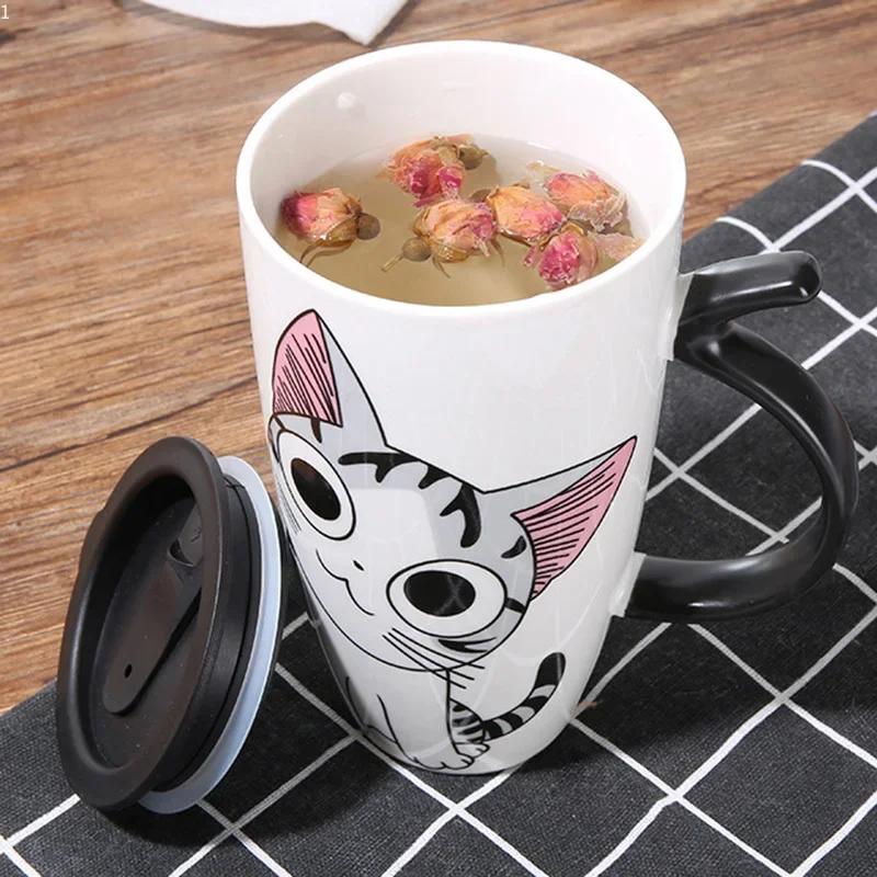 Cană de cafea din ceramică cu pisică drăguță de 600 ml, cu capac, căni cu animale de capacitate mare, băuturi creative, cafea, ceai, cadouri, noutate, ceașcă cu lapte
