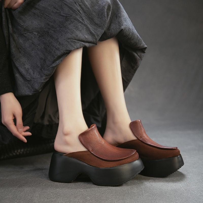 Johnature Height Increasing Outdoor Platform Slippers Genuine Leather Round Toe Thick Soled Women's Shoes