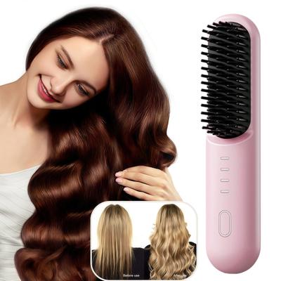 Escova Alisadora de Cabelo Sem Fio com Aquecimento Rápido em 30s Sem Frizz Estilização Lisa Recarregável por USB-C Dentes de Cerâmica Escova de Cabelo