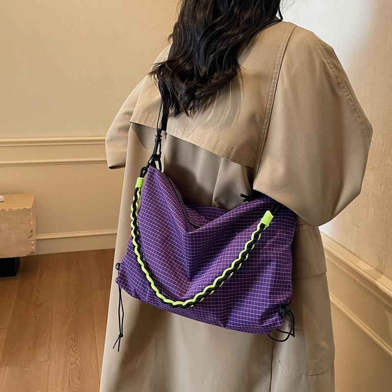 Bolsa Transversal Leve de Grande Capacidade Feminina de Nylon Xadrez para Ombro ou Axila Bolsa Tote para Estudante e Trabalhador