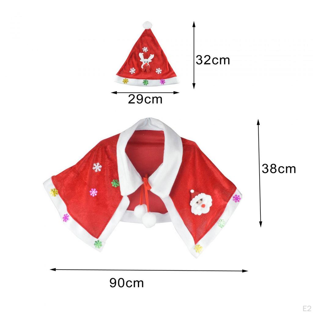 Christmas Cloak Red Velvet Cape with Plush Balls Lace Up Dress W/ Hat Santa Shawl for