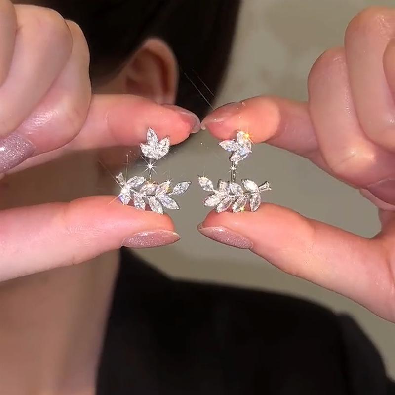 Elegant Zircon Wheat Leaf Stud Earrings: Silver Needle, Versatile Convertible Style, Exquisite Design