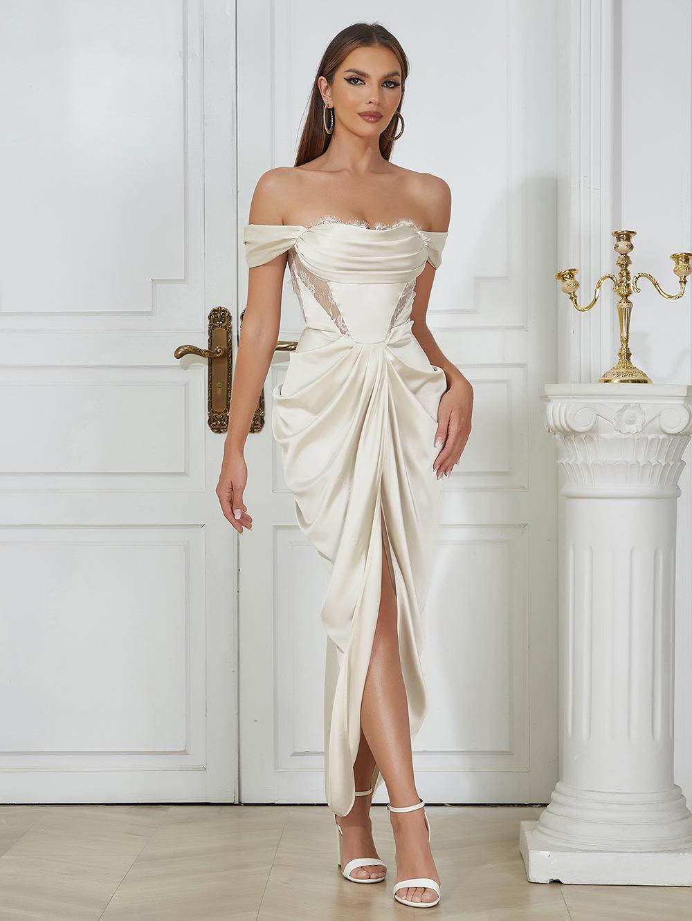 

Европейское и американское вечернее платье с открытыми плечами, кружевной отделкой и сборками XS белый/слоновая кость