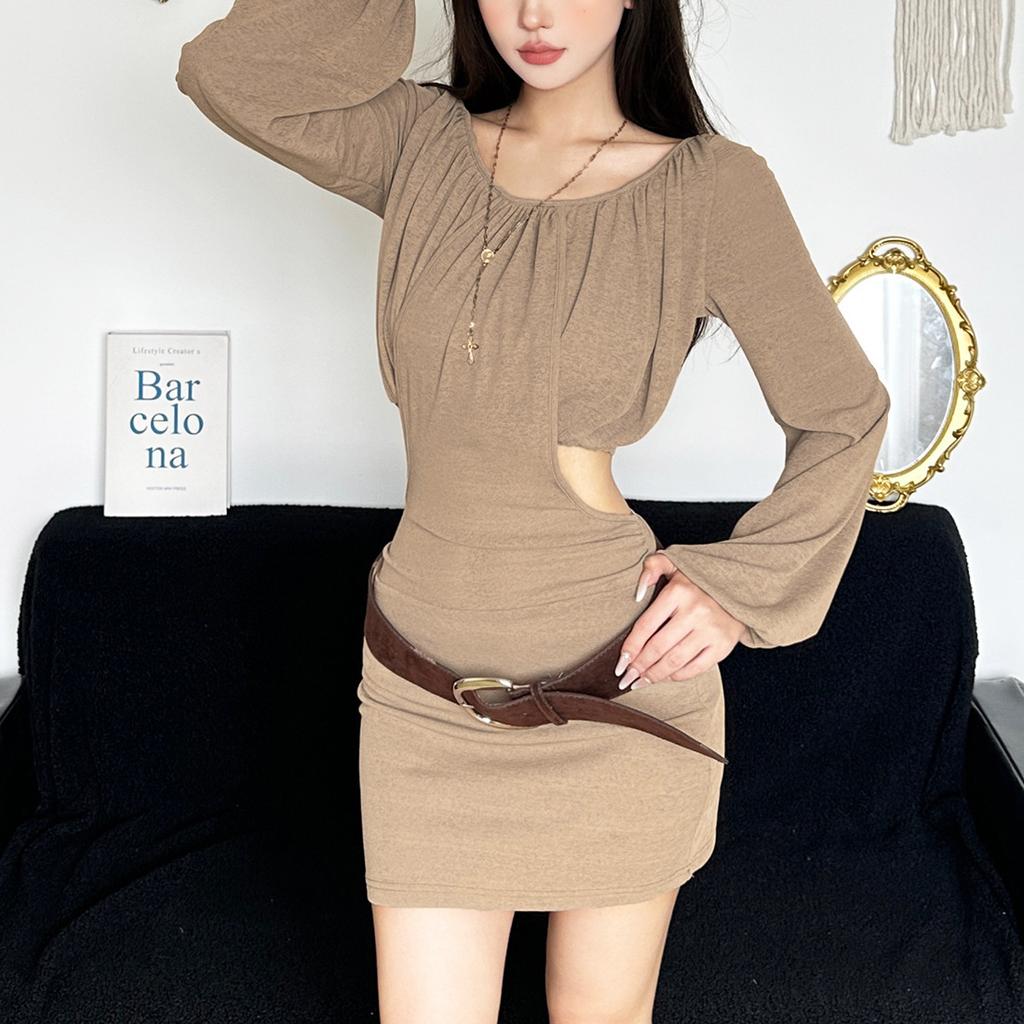 Summer New Solid Color Fashionable Off-Shoulder Low Neck Sexy Hollow Out Dress Women's Clothing
