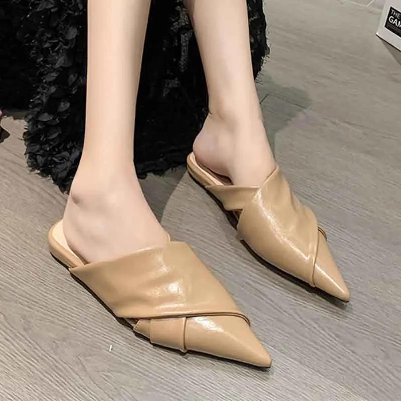 Elegant Pointed Toe Flats Slippers Designer Mules Shoes Summer Women's Sandals 2025 Party Slides New Mujer De Sandalias