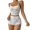 Women's Heart Print Sexy Ribbed Bow Decor Pajama Set, Round Neck Backless Comfortable Crop Cami Top & Shorts, Summer Nightwear