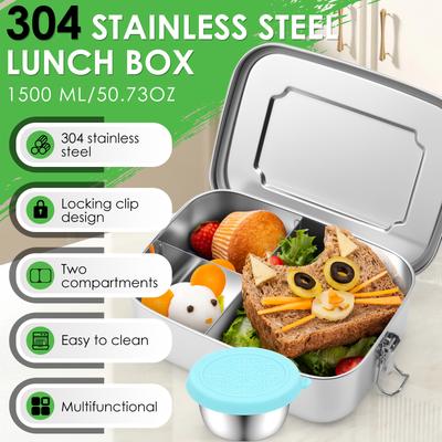 304 Edelstahl Lunchbox mit 3 Fächern und abschließbarem 1500ml Lebensmittelbehälter mit 2 Kinder-Gewürzboxen