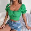 GMXIA Women's Fashion Casual Solid Color Print Short Sleeve Square Collar Blouses & Shirts Slim Lace-up Chiffon Crop Top