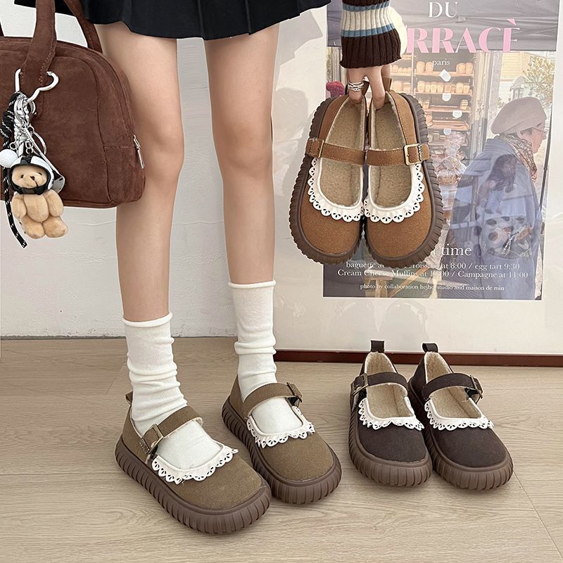Japanese Lace Cute Round Head Velvet Warm Cotton Shoes 2025 Autumn and Winter New Versatile Light Mouth Mary Jane Shoes Women