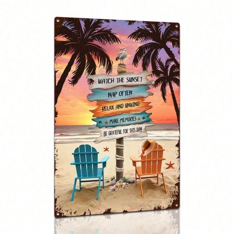 VIVOHOME Tropical Palm Sunset Vintage Metal Wall Poster for Bar