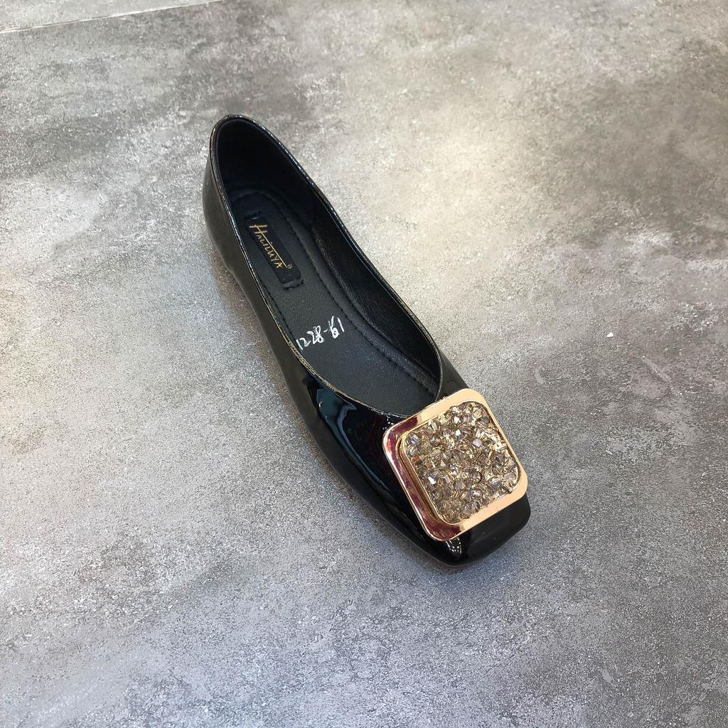 Fashion Flat Shoes for Women 2025 Spring and Autumn New Square Toe Patent Leather Rhinestone Ladies Shoes Women's Plus Size 42 43 44