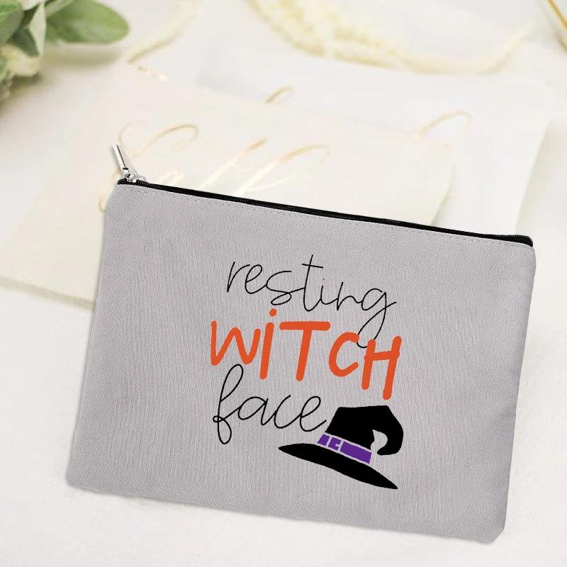 Witch Print Canvas Zipper Makeup Bag Witchcraft Women Travel Lipstick Bag Skincare Storage Organizer Pencil Case Cosmetics Bags