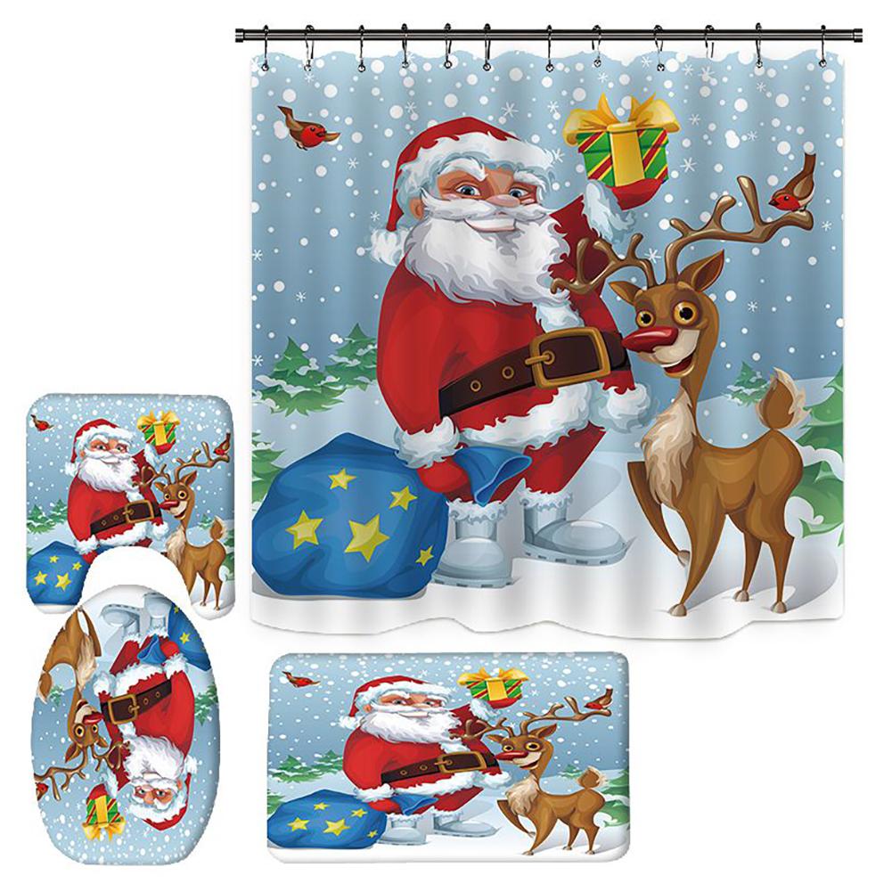 Merry Christmas Bathroom 4Pcs Set Snowman Santa Claus Pattern Waterproof Shower Curtain Toilet Cover Mat Non Slip Rug Home Decor