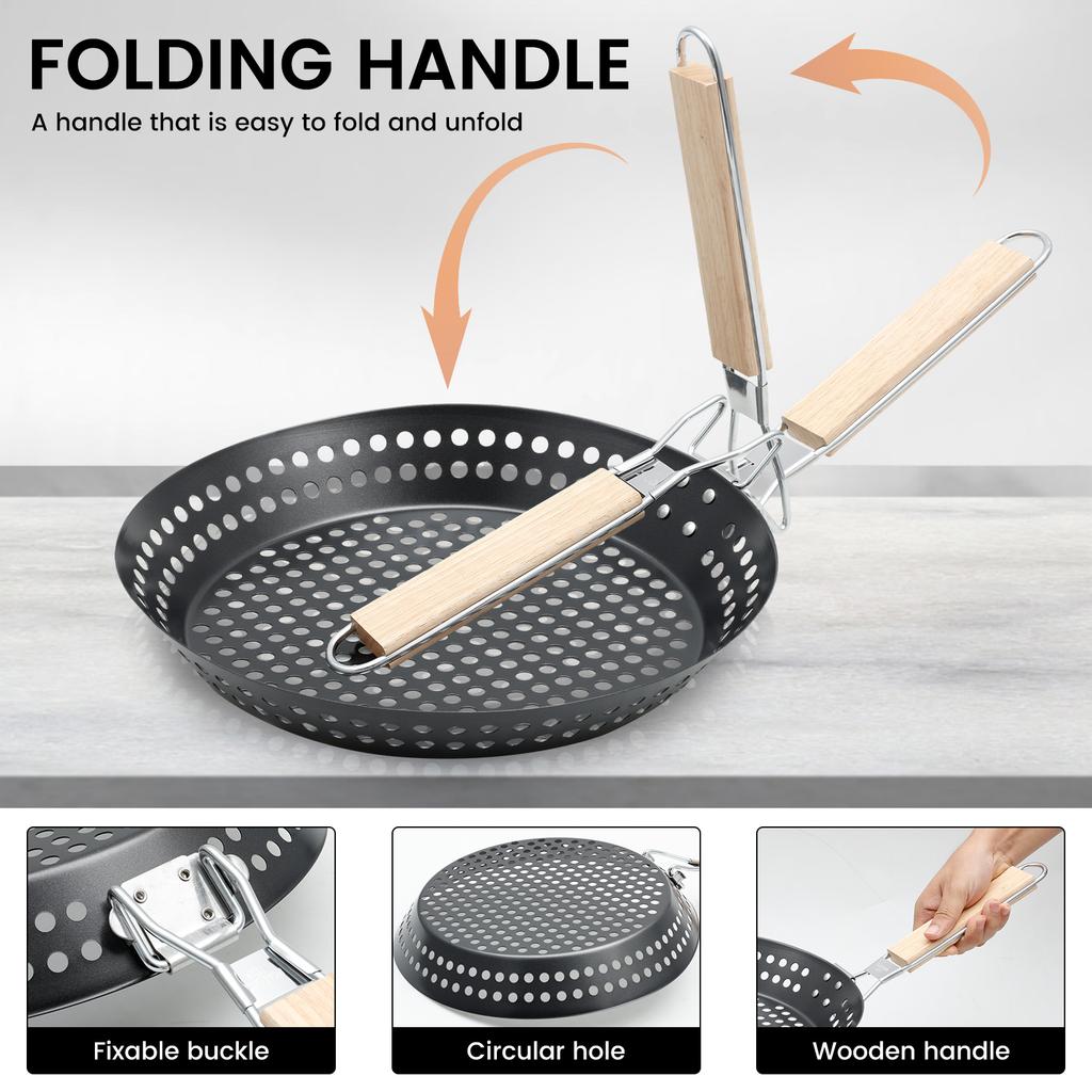 Folding Grill Pan Nonstick Grill Skillet Barbecue Grill Pans With Wooden Handle Heat Resistant Grill Skillet for Home Outdoor