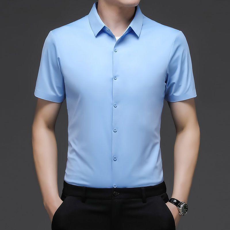 High End Ice Silk Shirts Men Short Sleeve Business Wrinkle Shirt Single Breasted Elastic Tops Luxurious Wedding Clothes