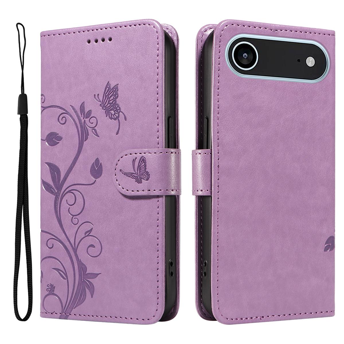 

For iPhone 17 Air PU Leather Cases Flower Pattern Wallet Stand Phone Cover with Strap Light Purple