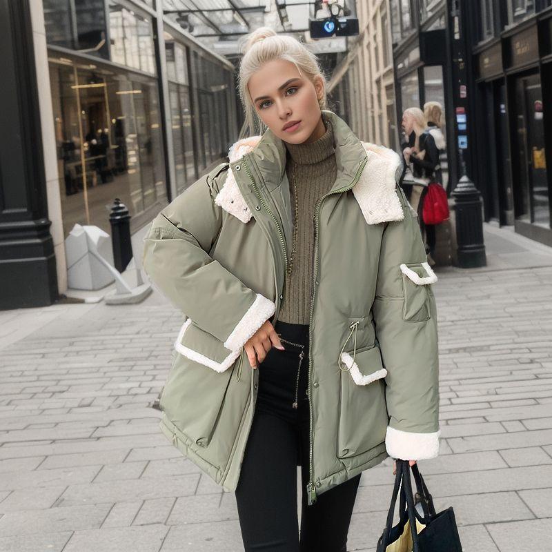 

Куртка из овечьей шерсти и хлопка для женщин 2024 года, зимняя контрастная повседневная парка с капюшоном, пальто с 2 карманами, утепленная теплая куртка, женская одежда XXL армия зеленый