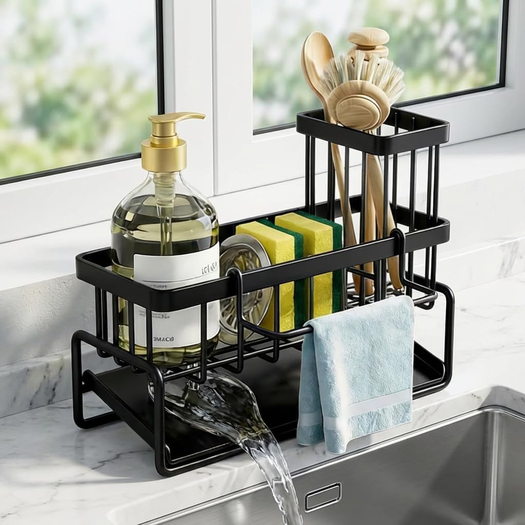 Stainless steel kitchen sink organizer - built-in dishcloth holder with sponge and brush holder, equipped with automatic drain tray. чёрный