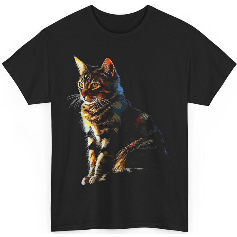 Stylish Cat Art T Shirt Black Tee with Realistic Cat Print Casual Comfortable S