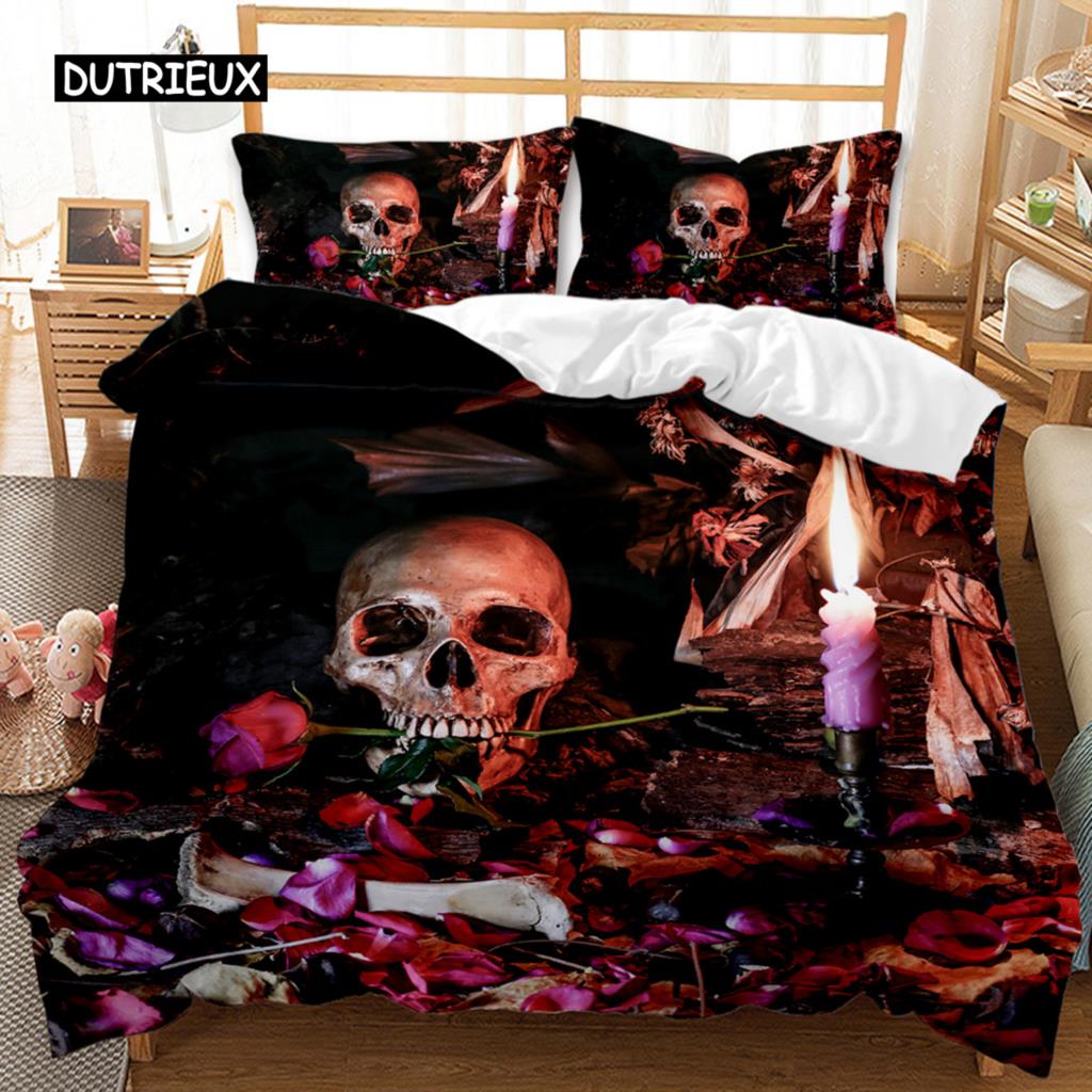 Skull Duvet Cover Set Queen 3D Skeleton Floral Skull Pattern Printed Bedding Qulit Cover Gothic Microfiber Bedding Queen Size