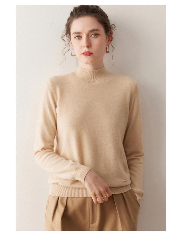 Autumn/Winter Women's Pure Cashmere Semi-High Neck Loose Knitted Sweater Pullover.