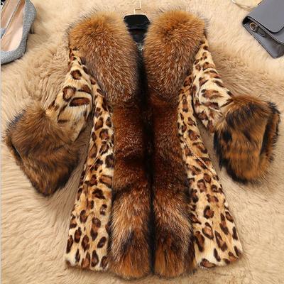 Herbst und Winter Kunstpelzmantel Damen mittellang und lang Leopardenmuster Kunstwaschbär Pelzkragen Thermomantel Pelz
