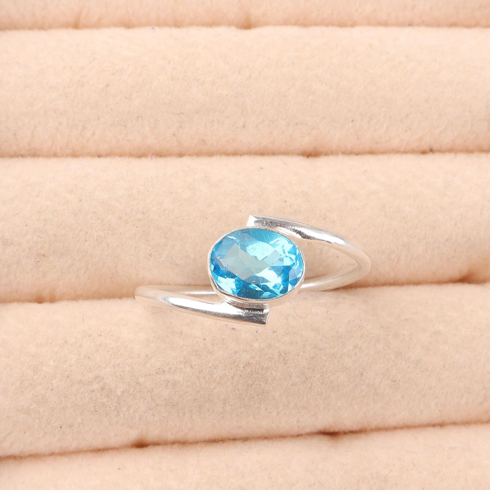 

Швейцарский голубой топаз Драгоценный камень 925 Стерлинговое серебро Ювелирное изделие Кольцо ручной работы для подарка RR-31-14 13