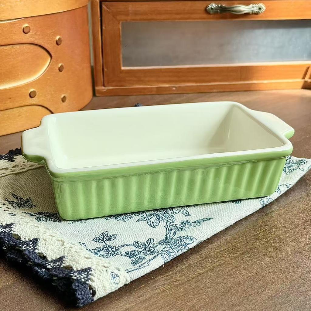 Creative Color Striped Binaural Baking Pan Household Ceramic Microwave Oven Baking Pan Cheese Baked Rice Pan