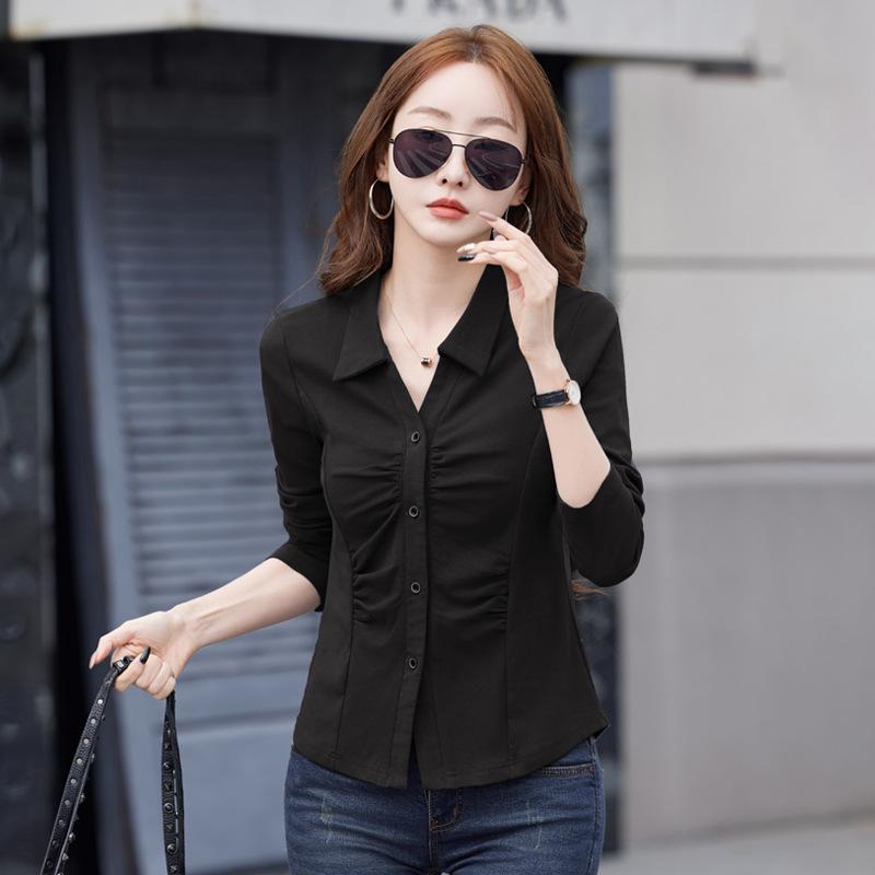 Women's Slim Fit Lapel Button Fold Cardigan Waist Slimming Long Sleeve Top