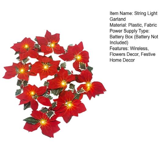 Fireplace String Light Garland LED Warm Light Wireless Christmas Wreath Garland with Flowers Holiday Decoration