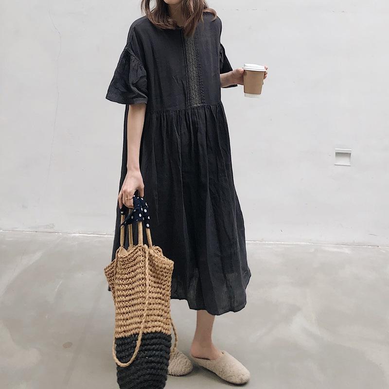 

2025 летнее новое платье большого размера в стиле ретро-колледж с круглым вырезом из хлопка и льна с короткими рукавами 2XL чёрный