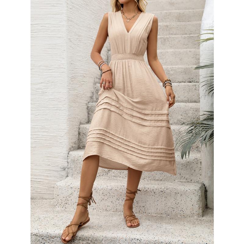 Solid Color V Neck Sleeveless Elastic Waist A Line Midi Casual Women Dress