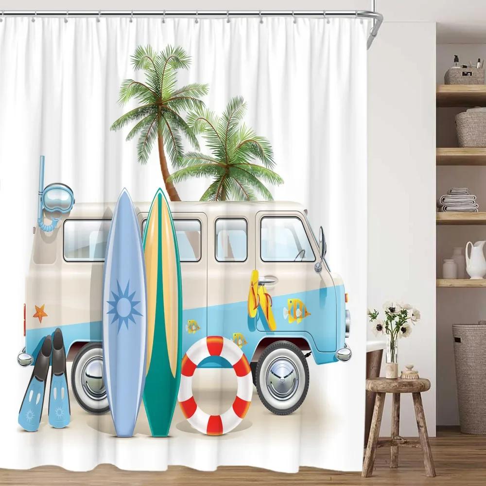 Small Stall Rv Shower Curtain Rustic Tree Mountain Adventure Tent Travel Trailer Bathroom Accessories Set With Hook