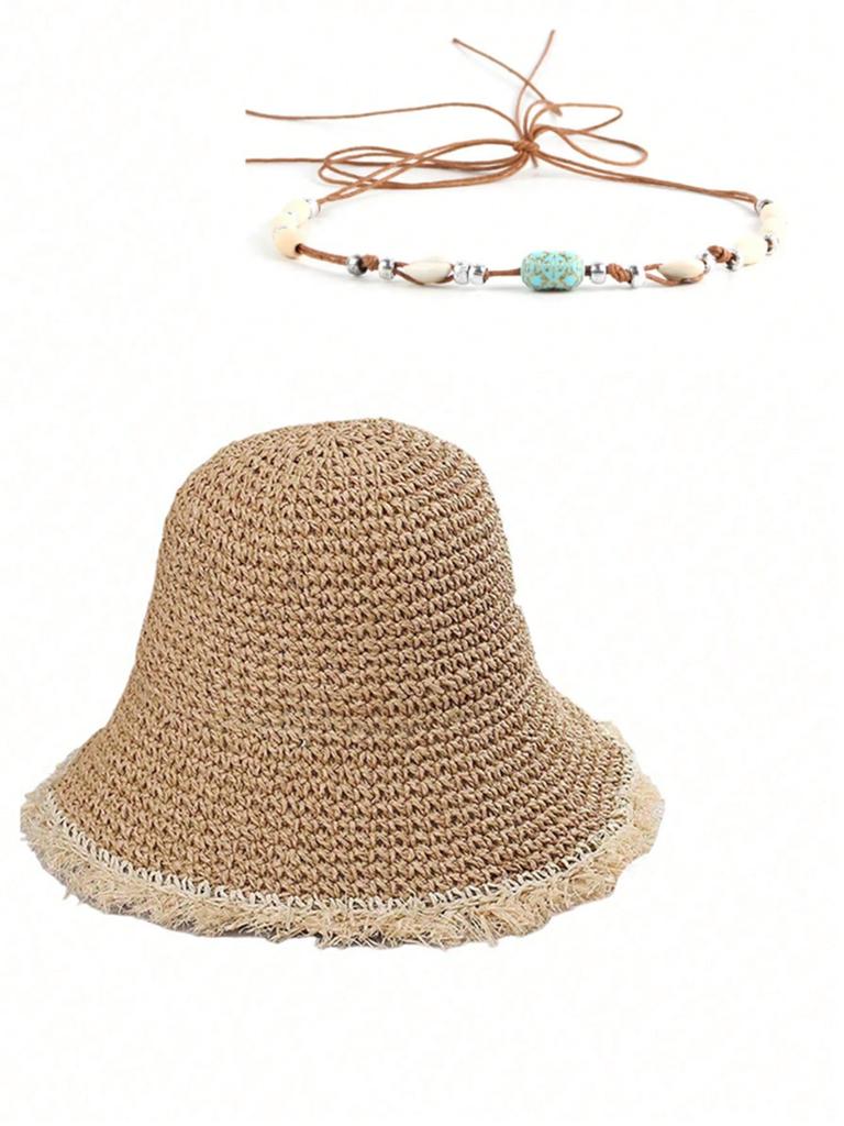 Crochet Straw Hat for Women Summer Handmade Hollow Out Panama Raffia Paper Tassel Edge Beach Hats UV Protect Foldable Sun Visor