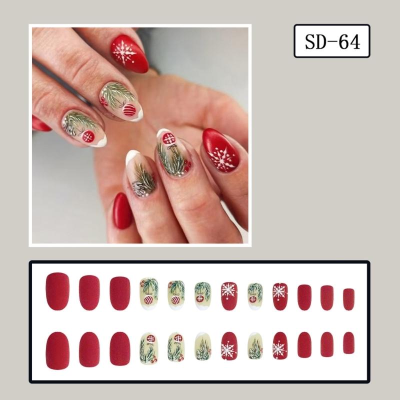 Pack of 24 Press On Nail Matte Red Christmas False Nail Green Leaves Design For Holiday Parties Event Daily Use
