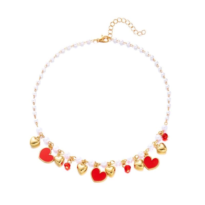 Adorable Cherry Strawberry Heart Necklace With Natural Margarite Accents Adjustable Chain For Casual Or Date Outfits Lightweight Zinc Alloy Jewelry
