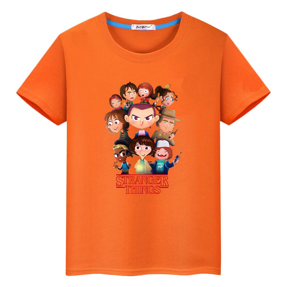 camiseta estampada de stranger things para niños niño10años camisetas de anime 100% algodón kawaii tops cortos camiseta y2k one piece ropa para niños niñas 130 naranja