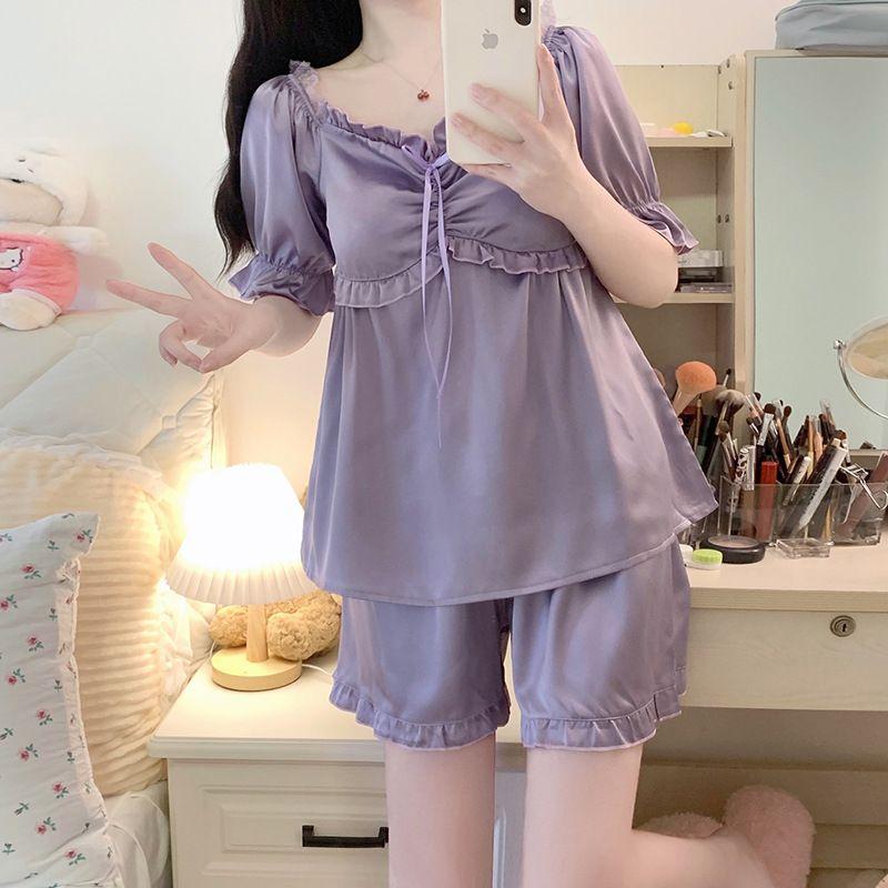 Sweet Style Ice Silk Pajamas for Women's Summer Pure Desire Short Sleeved Home Clothing Set