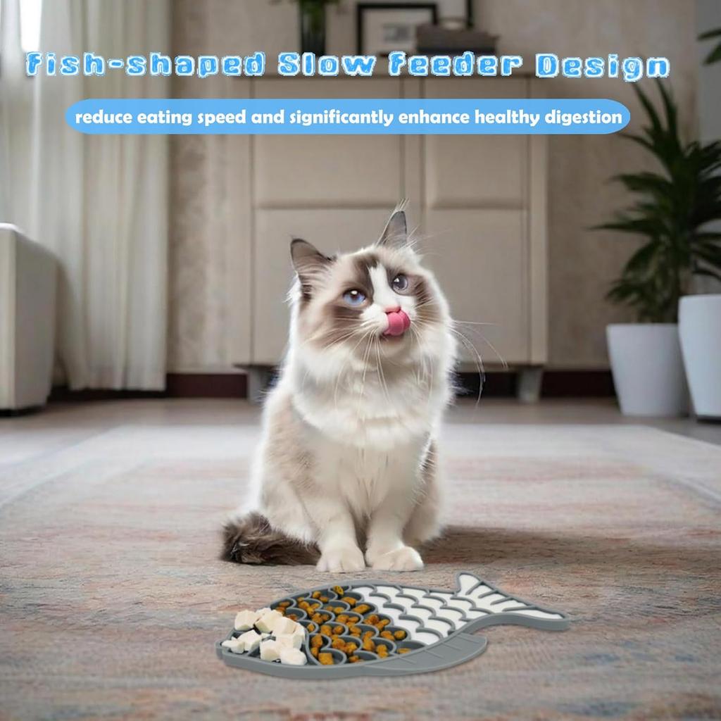 2 Pack Slow Feeder Cat Bowls, Fish-Shaped Silicone Puzzle Kitten Puppy Dog Feeders Non-Slip Design Lick Mat for Healthy Eatting