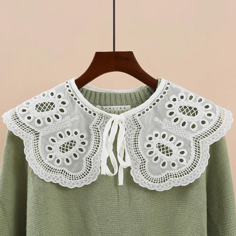 Perfect Match Women Sweet  Shirt Detachable Doll Fake Collar Hollow Out Floral Lace Ruffled Trim False Collar Woman Fake Collar Shawl