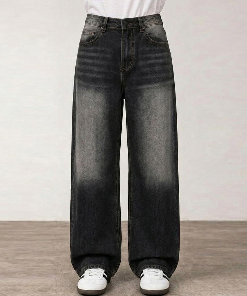 Jikeulib Secret Elastic Waist Vintage Washed Wide Straight Denim Pants 4 Colors (Type A)