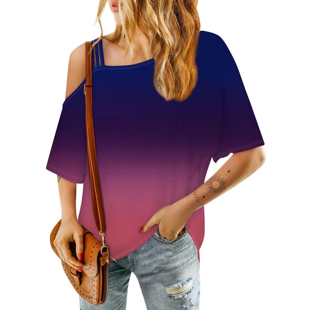 Women's Fashion One Shoulder Gradient Color Sexy Mid Sleeve Casual T-Shirt