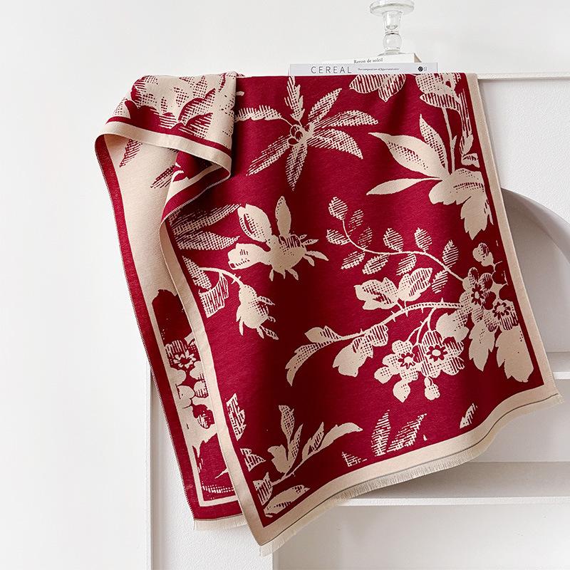 Girl Wind Forest Leaves Contrasting Colors Double-Sided Imitation Cashmere Scarf Winter Advanced Feeling Warm