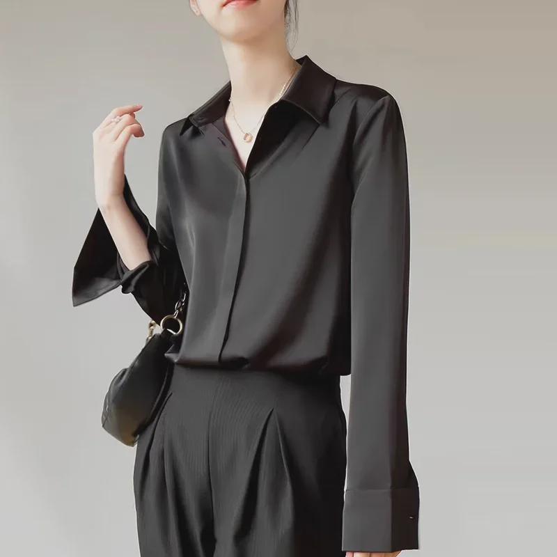 Gray-Blue Satin Women's Long-Sleeve Shirt - Retro Hong Kong Style, Three-Color Spot, Versatile Spring Fashion with Dark Placket and Elegant Drape.