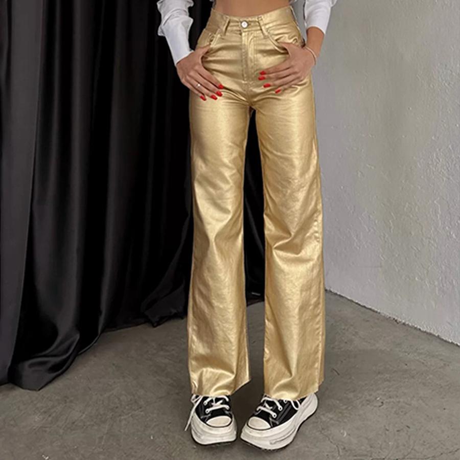 Spring/Autumn Pocket Loose Wide Leg Retro Straight Leg Gold Silver Pants Women's Trousers