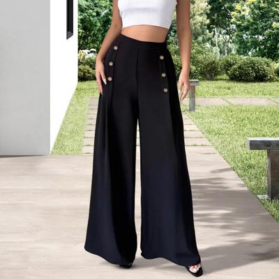 Women Pants Elastic High Waist Buttons Decor Solid Color Trousers Wide Leg Loose Fit Casual Pants Work Travel Daily Wear