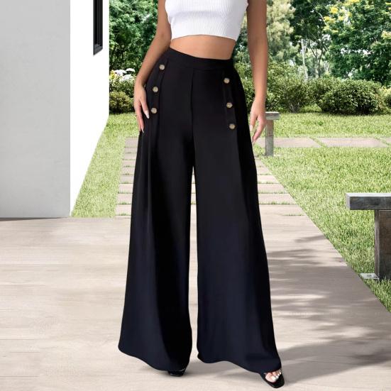 Women Pants Elastic High Waist Buttons Decor Solid Color Trousers Wide Leg Loose Fit Casual Pants Work Travel Daily Wear